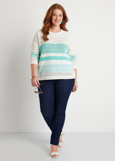 Pull ajouré manches 3/4 coton Aqua