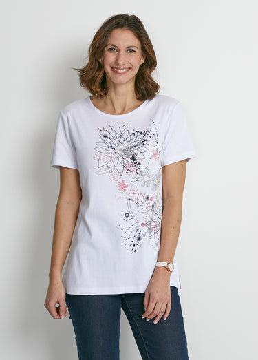 T-shirt long motif fleuri fentes côtés Blanc