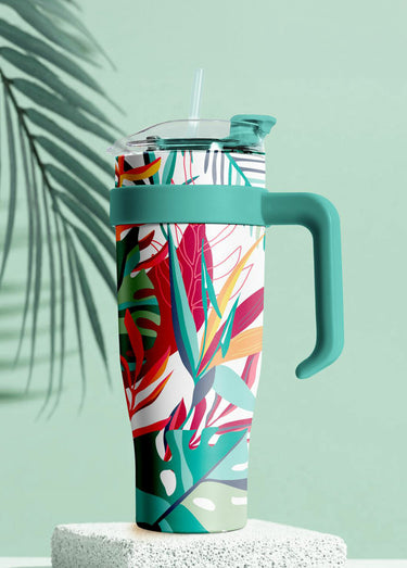 Mug de transport 1,2L floral avec paille Bleu