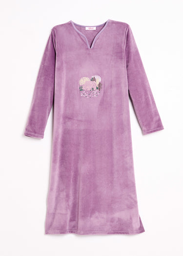 Chemise de nuit polaire mi-longue brodée Violine