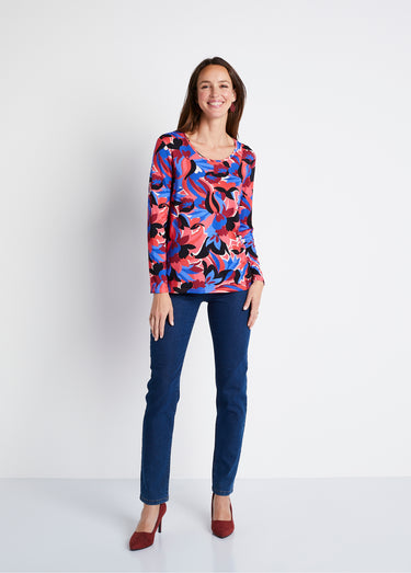 T-shirt droit manches longues imprimé Bleu/Rose