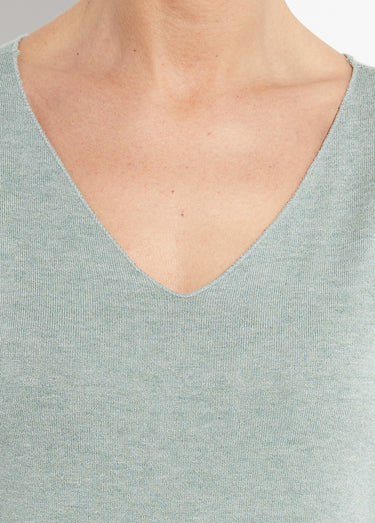 Pull fin avec angora et laine, col V Vert Amande