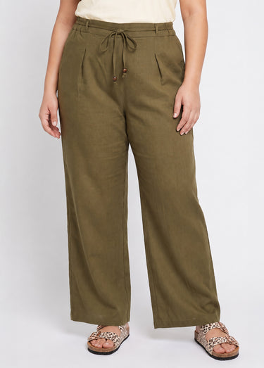 Pantalon large avec lin, style ethnique Kaki