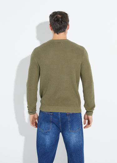 Pull col rond maille torsadée pur coton Kaki