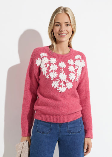 Pull moelleux col rond fleurs brodées Rose