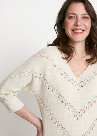 Pull maille brillante fantaisie ajourée Beige