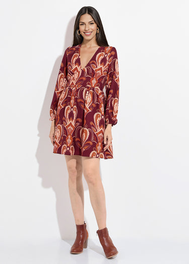 Robe courte col V imprimé cachemire Bordeaux