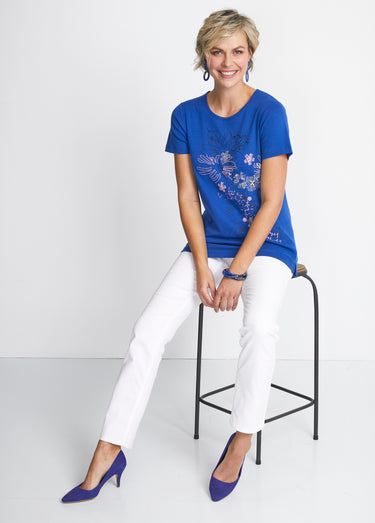 T-shirt long motif fleuri fentes côtés Bleu