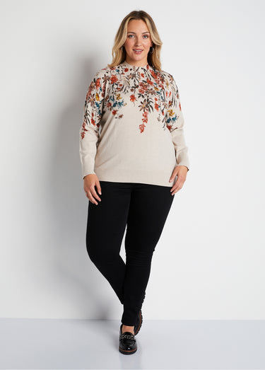 Pull imprimé avec strass col montant Fond Beige