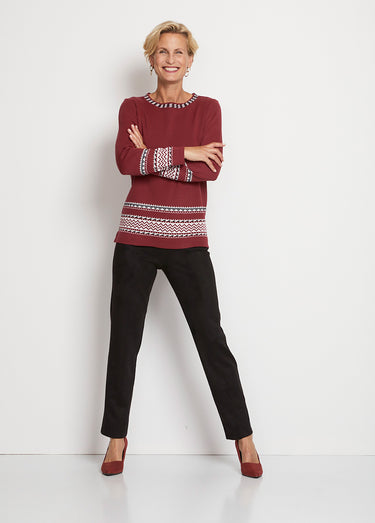 Pull-tunique doux mi-long jacquard col rond Bordeaux