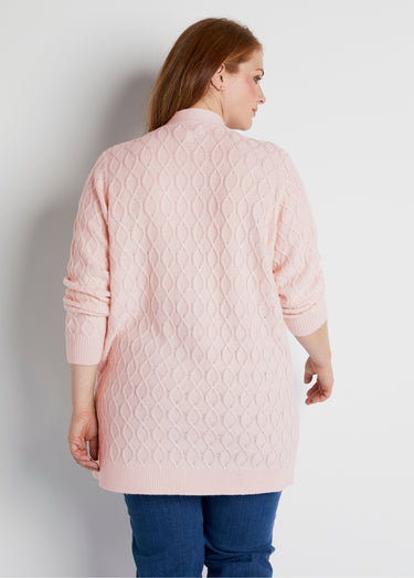 Gilet long boutonné torsades col V Rose