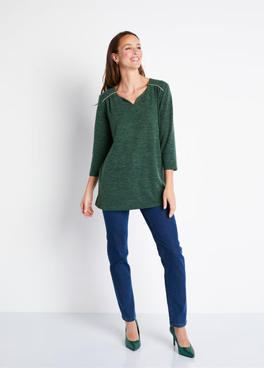 T-shirt long évasé manches 3/4 col rond Uni Vert