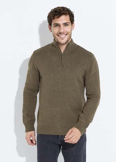 Pull col zippé chaud, laine majoritaire Kaki