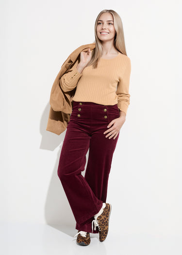 Pantalon à pont en velours coupe flare Bordeaux