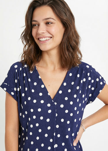 T-shirt ample imprimé pois col V Marine / Blanc
