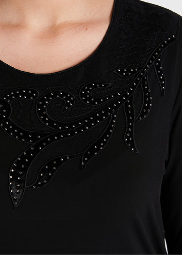 T-shirt court col rond résille brodé strass Noir
