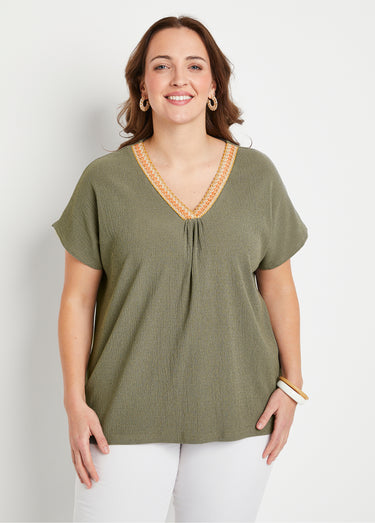 T-shirt long ample uni brodé Vert Tilleul