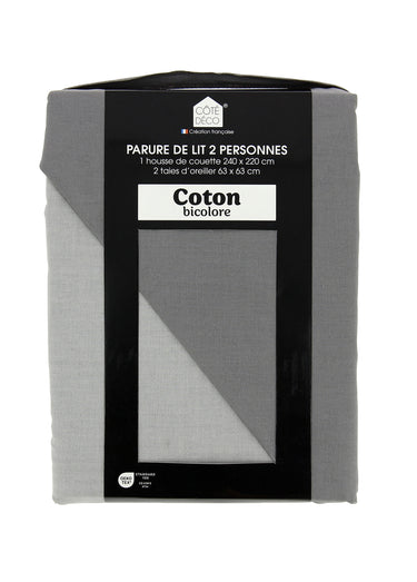 Parure housse de couette bicolore, coton Minéral