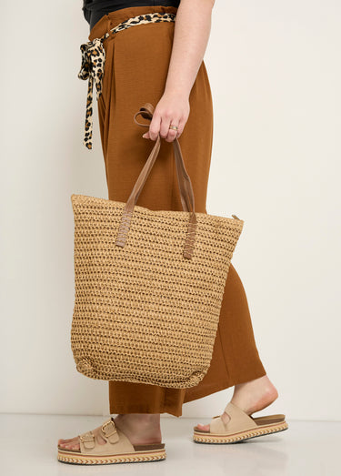 Grand sac en paille, anses simili cuir Beige