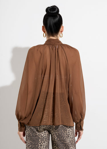 Chemisier voile uni avec col lavallière Chocolat