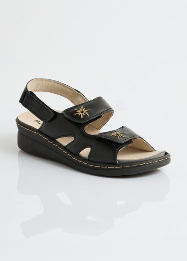 Sandales cuir brodé grande largeur Noir