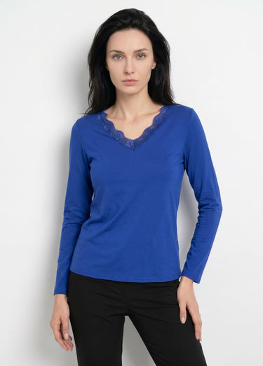 T-shirt court dentelle col V manches longues Bleu Dur