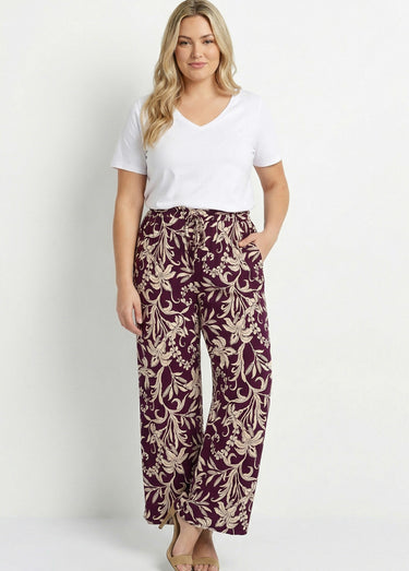 Pantalon taille élastiquée, motif fleuri Bordeaux/Beige