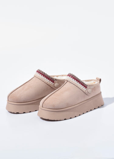 Mules compensées fourrées patte fantaisie Beige