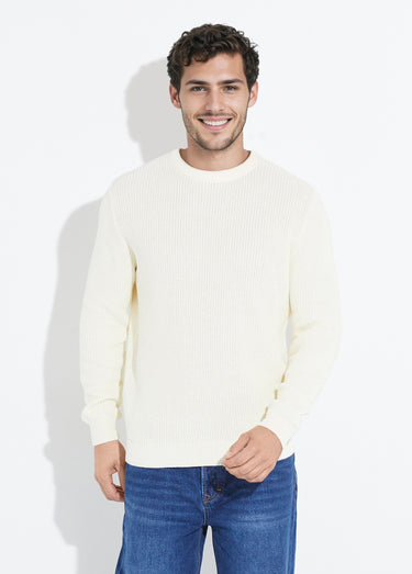 Pull col rond maille torsadée pur coton Ecru