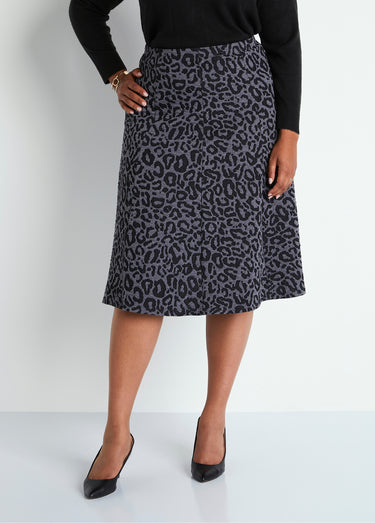 Jupe longue évasée maille jacquard Gris / Leopard