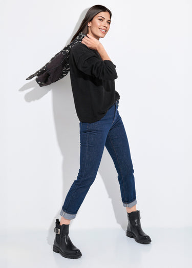 Pull col rond dégagé chaud avec laine Noir