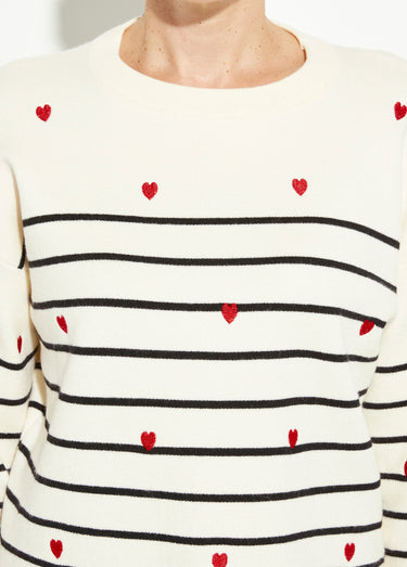 Pull marin épais rayures et coeur, col rond Ecru Raye Marine