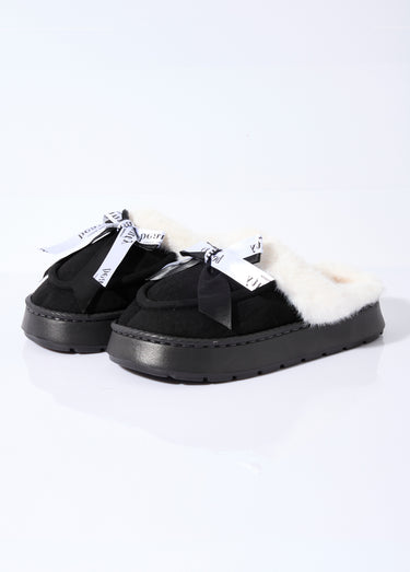 Mules fourrées compensées type mocassins Noir