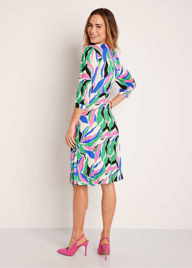 Robe maille courte évasée motif graphique Bleu/Rose