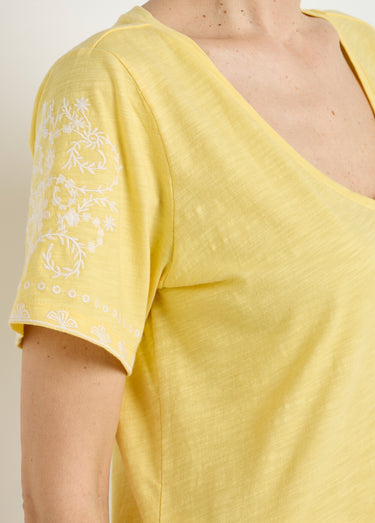 T-shirt col V brodé manches courtes Jaune/Blanc