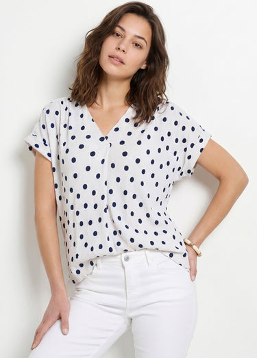 T-shirt ample imprimé pois col V Blanc/Marine