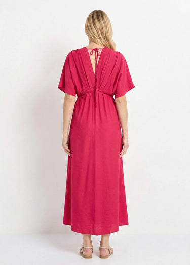 Robe longue col V plissé devant et dos Fuchsia