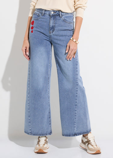 Jean 5 poches large denim broderies cœur Stone