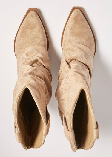 Bottes froissées brodées style cow girl Beige