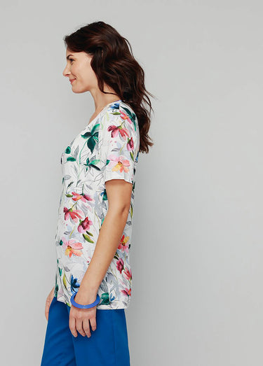 T-shirt long extensible motif floral Fond Blanc