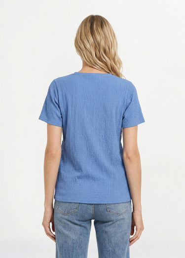 Tunique texturée, encolure V avec galon Bleu denim