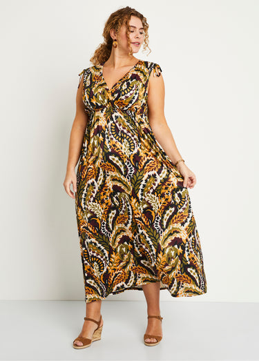 Robe longue col V imprimée sans manches Ocre/Vert