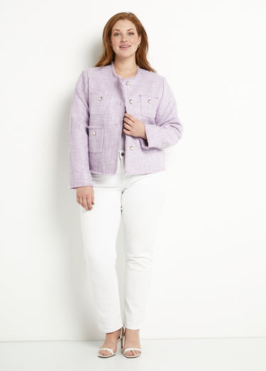 Veste sans col boutonnée courte tissu natté uni Parme