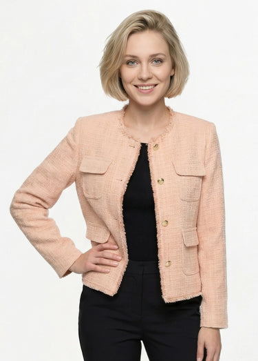 Veste tweed boutonnée frangée sans col Amande