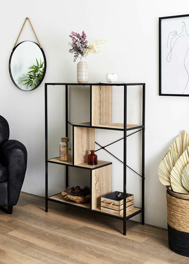 Etagère zigzag 4 niveaux en métal foncé Bois / Noir