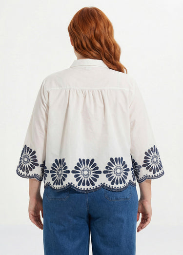 Blouse brodée et ajourée, col claudine Blanc