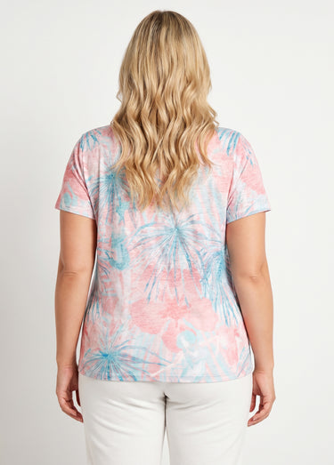 T-shirt court motif et strass col rond Aqua/Rose