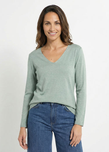 Pull fin avec angora et laine, col V Vert Amande