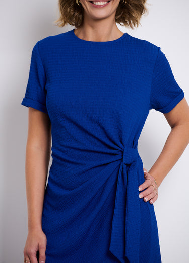 Robe courte unie drapée effet cache-ventre Bleu