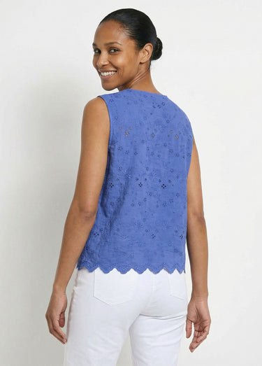 Débardeur boutonné broderie anglaise coton Bleu